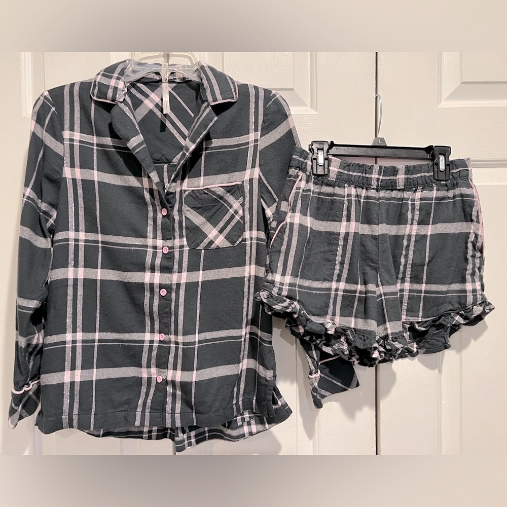 SOMA 2 Pc PJ Set 🩶💗Gray & Pink Pajama Plaid Set, Elastic Waistband & Pockets